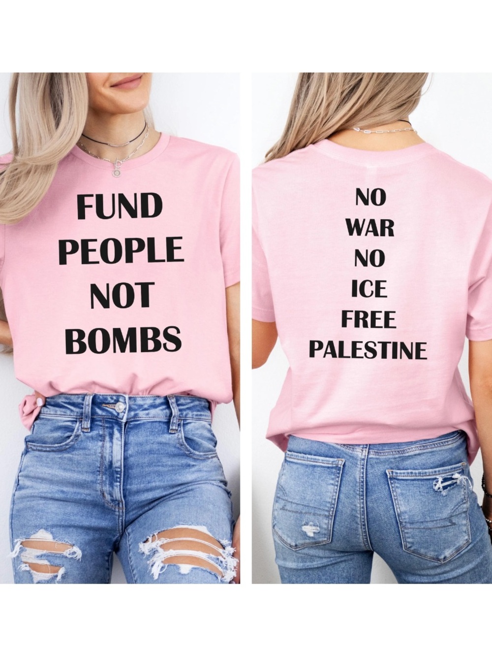 Pink Fund People Not Bombs - No War No Ice Free Palestine T-Shirt, Stop War Tee